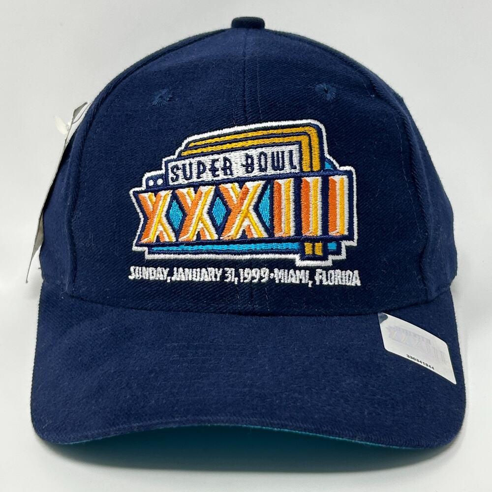Vintage 90s Super Bowl XXXIII Hat Baseball Cap Blue Broncos Logo 7 Snapback